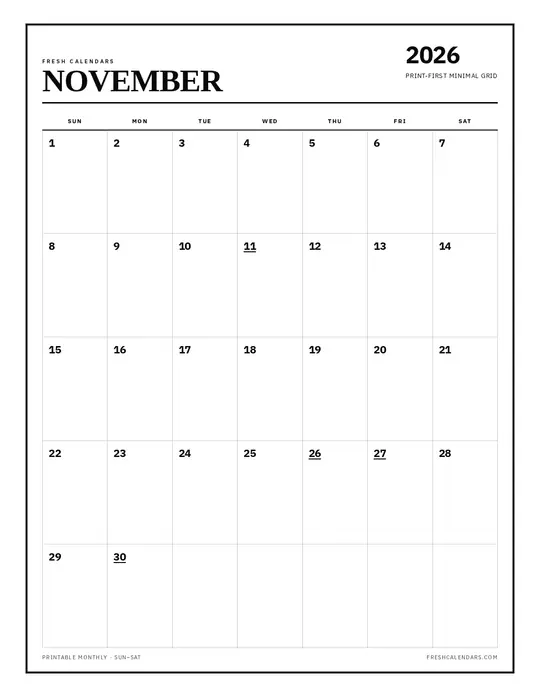 Printable November 2026 calendar — Fresh Calendars — Classic Black & White template