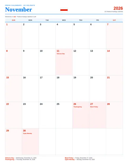 Printable November 2026 calendar — Fresh Calendars — US Holidays Marked template