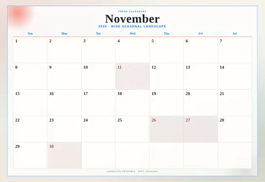Printable November 2026 calendar — Fresh Calendars — Landscape Soft template