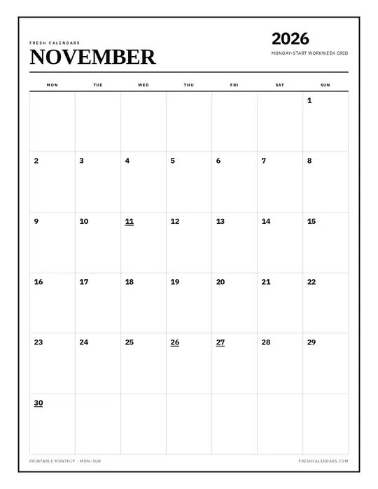 Printable November 2026 calendar — Fresh Calendars — Monday Start template