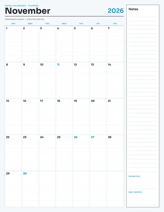 Printable November 2026 calendar — Fresh Calendars — Notes Planner template