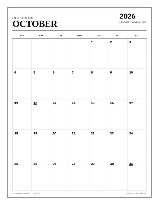 Printable October 2026 calendar preview