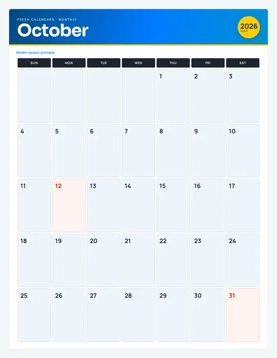 Printable October 2026 calendar — Fresh Calendars — Modern Color template Printable October 2026 calendar — Fresh Calendars — Modern Color template