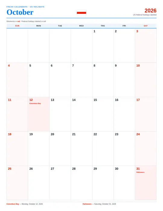 Printable October 2026 calendar — Fresh Calendars — US Holidays Marked template Printable October 2026 calendar — Fresh Calendars — US Holidays Marked template