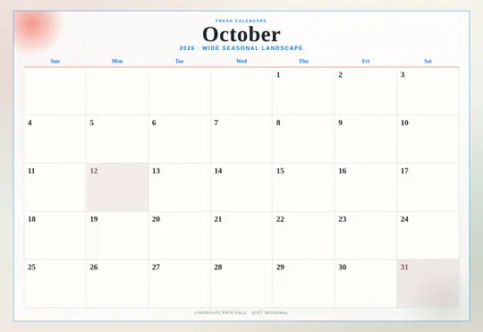 Printable October 2026 calendar — Fresh Calendars — Landscape Soft template Printable October 2026 calendar — Fresh Calendars — Landscape Soft template
