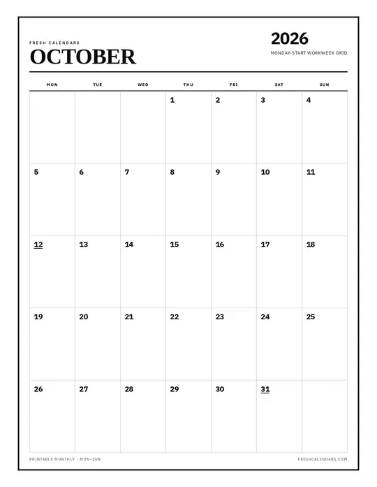 Printable October 2026 calendar — Fresh Calendars — Monday Start template Printable October 2026 calendar — Fresh Calendars — Monday Start template
