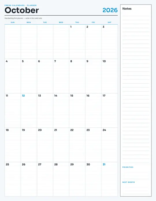 Printable October 2026 calendar — Fresh Calendars — Notes Planner template Printable October 2026 calendar — Fresh Calendars — Notes Planner template