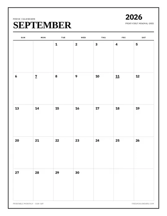 Printable September 2026 calendar preview