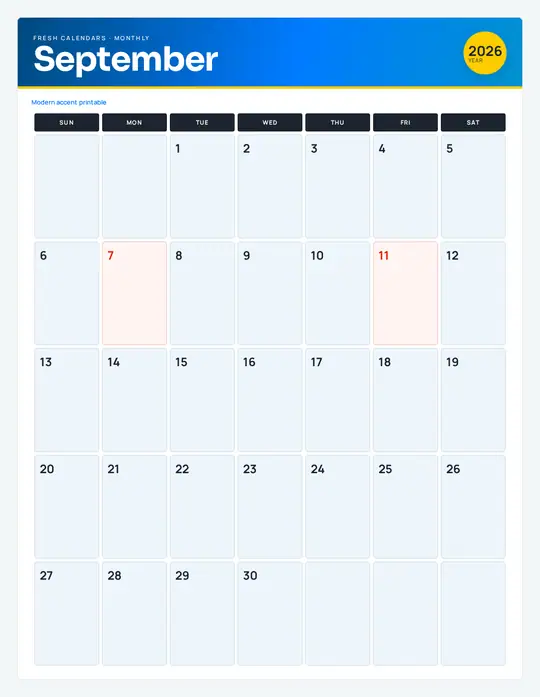 Printable September 2026 calendar — Fresh Calendars — Modern Color template