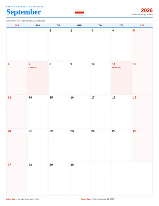 Printable September 2026 calendar — Fresh Calendars — US Holidays Marked template