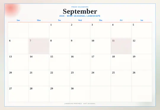 Printable September 2026 calendar — Fresh Calendars — Landscape Soft template