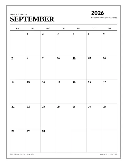 Printable September 2026 calendar — Fresh Calendars — Monday Start template