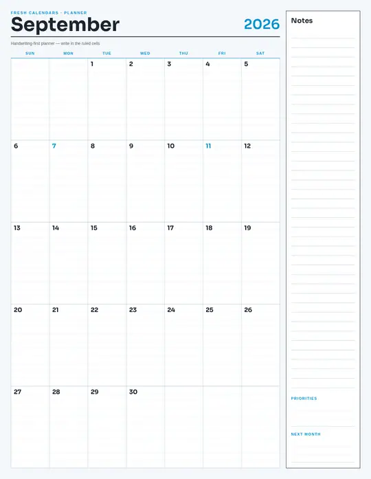 Printable September 2026 calendar — Fresh Calendars — Notes Planner template