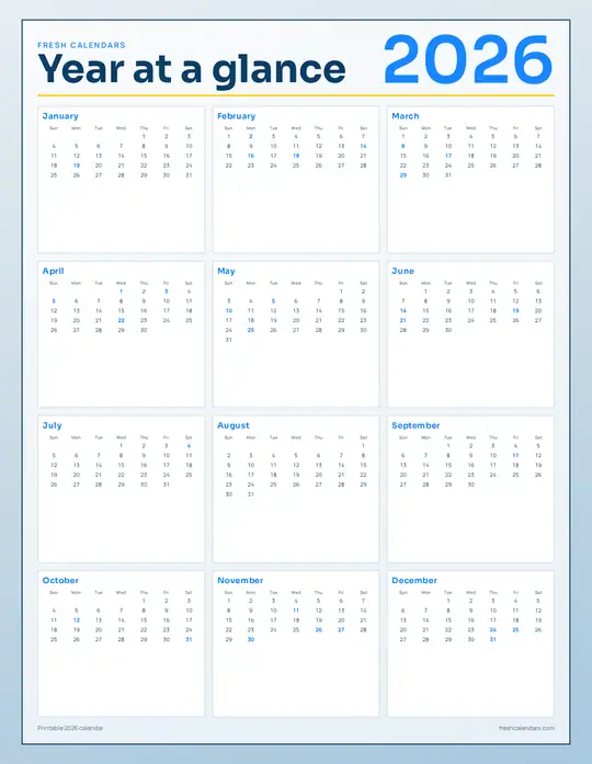 Printable 2026 yearly calendar preview