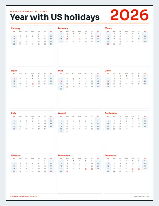 Printable 2026 year-at-a-glance calendar poster — Fresh Calendars — Holidays Emphasis template