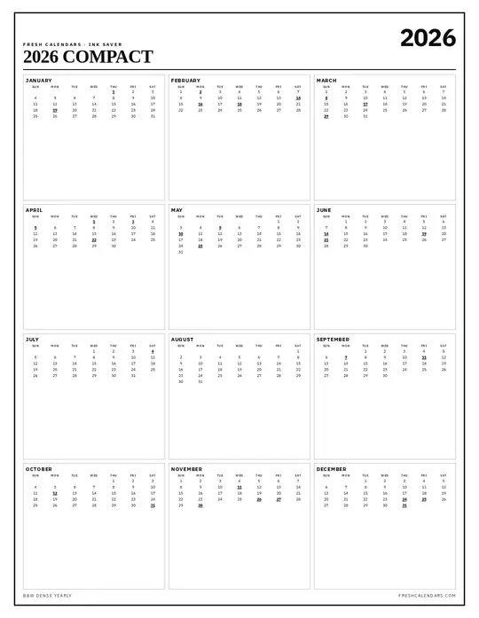 Printable 2026 year-at-a-glance calendar poster — Fresh Calendars — Ink Compact template
