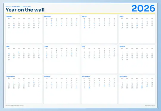 Printable 2026 year-at-a-glance calendar poster — Fresh Calendars — Landscape Wall template