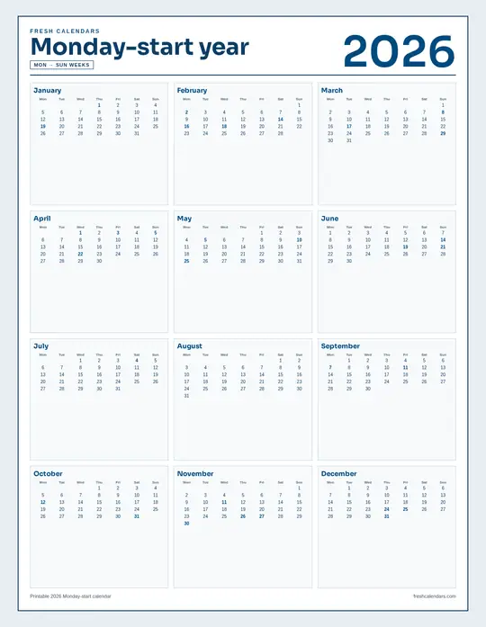 Printable 2026 year-at-a-glance calendar poster — Fresh Calendars — Monday Start template