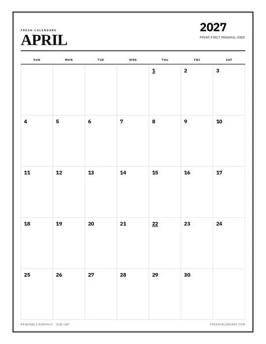 Printable April 2027 calendar — Fresh Calendars — Classic Black & White template Printable April 2027 calendar — Fresh Calendars — Classic Black & White template