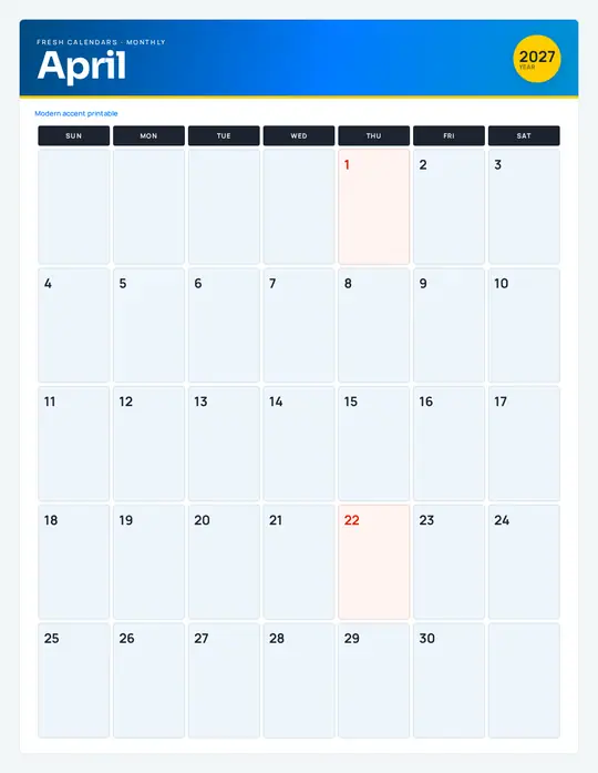 Printable April 2027 calendar — Fresh Calendars — Modern Color template Printable April 2027 calendar — Fresh Calendars — Modern Color template