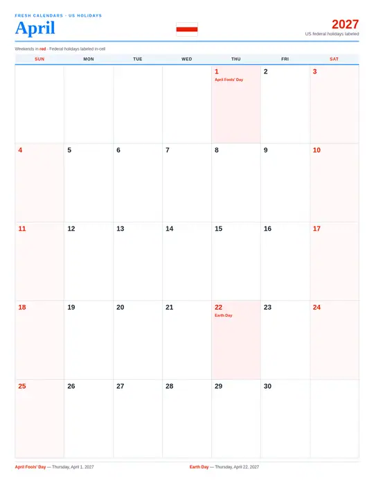 Printable April 2027 calendar — Fresh Calendars — US Holidays Marked template Printable April 2027 calendar — Fresh Calendars — US Holidays Marked template