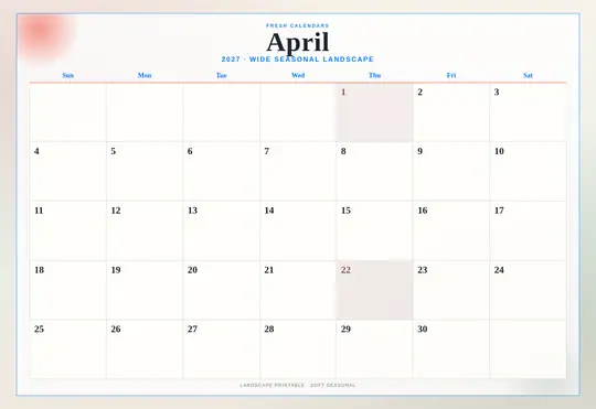 Printable April 2027 calendar — Fresh Calendars — Landscape Soft template Printable April 2027 calendar — Fresh Calendars — Landscape Soft template