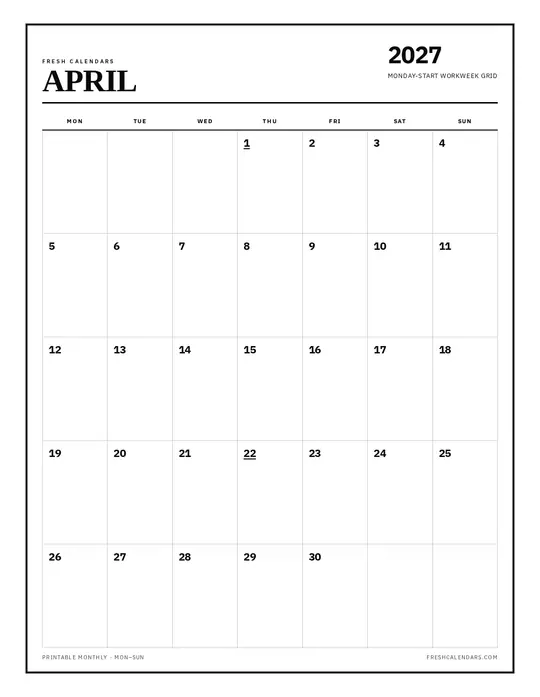 Printable April 2027 calendar — Fresh Calendars — Monday Start template Printable April 2027 calendar — Fresh Calendars — Monday Start template