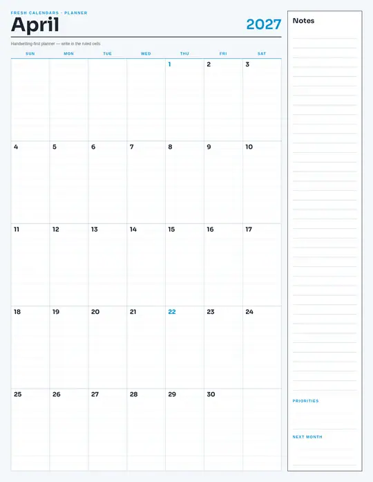 Printable April 2027 calendar — Fresh Calendars — Notes Planner template Printable April 2027 calendar — Fresh Calendars — Notes Planner template