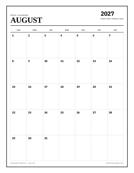 Printable August 2027 calendar — Fresh Calendars — Classic Black & White template Printable August 2027 calendar — Fresh Calendars — Classic Black & White template