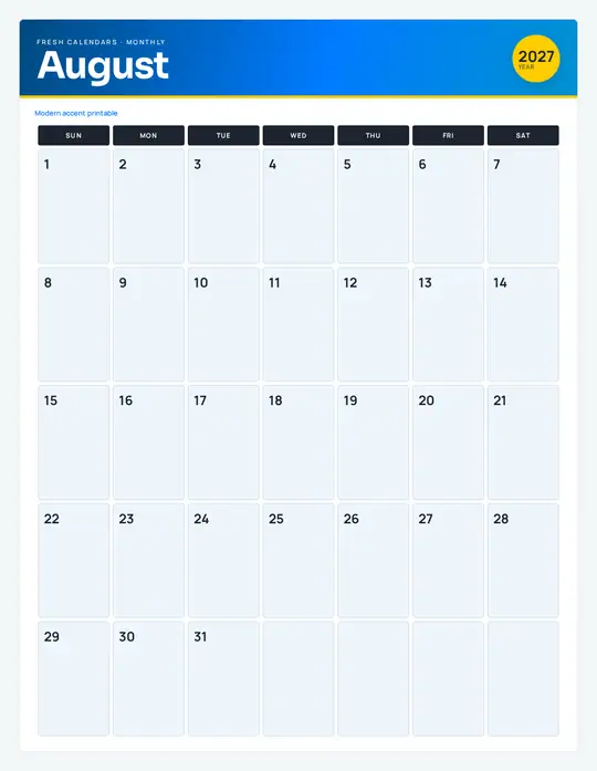 Printable August 2027 calendar — Fresh Calendars — Modern Color template Printable August 2027 calendar — Fresh Calendars — Modern Color template
