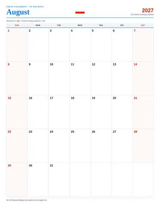 Printable August 2027 calendar — Fresh Calendars — US Holidays Marked template Printable August 2027 calendar — Fresh Calendars — US Holidays Marked template