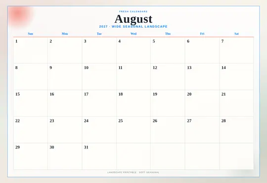 Printable August 2027 calendar — Fresh Calendars — Landscape Soft template Printable August 2027 calendar — Fresh Calendars — Landscape Soft template