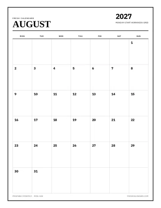 Printable August 2027 calendar — Fresh Calendars — Monday Start template Printable August 2027 calendar — Fresh Calendars — Monday Start template