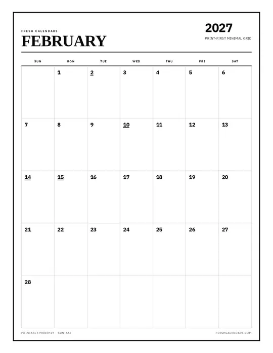 Printable February 2027 calendar — Fresh Calendars — Classic Black & White template Printable February 2027 calendar — Fresh Calendars — Classic Black & White template