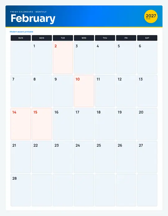Printable February 2027 calendar — Fresh Calendars — Modern Color template Printable February 2027 calendar — Fresh Calendars — Modern Color template