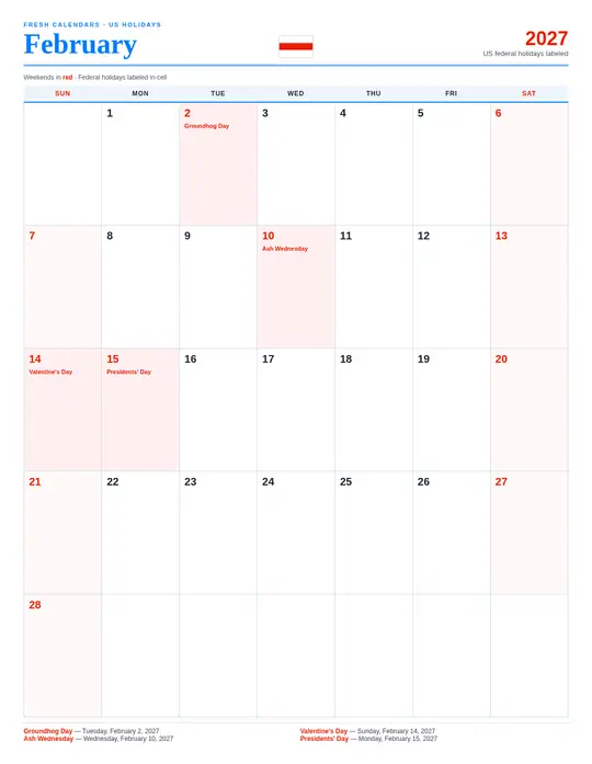 Printable February 2027 calendar — Fresh Calendars — US Holidays Marked template Printable February 2027 calendar — Fresh Calendars — US Holidays Marked template