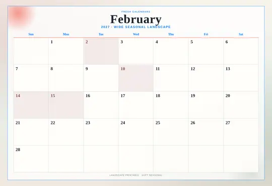 Printable February 2027 calendar — Fresh Calendars — Landscape Soft template Printable February 2027 calendar — Fresh Calendars — Landscape Soft template