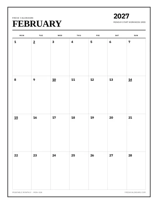 Printable February 2027 calendar — Fresh Calendars — Monday Start template Printable February 2027 calendar — Fresh Calendars — Monday Start template