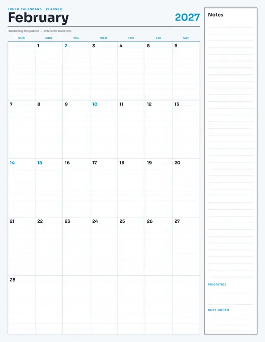 Printable February 2027 calendar — Fresh Calendars — Notes Planner template Printable February 2027 calendar — Fresh Calendars — Notes Planner template