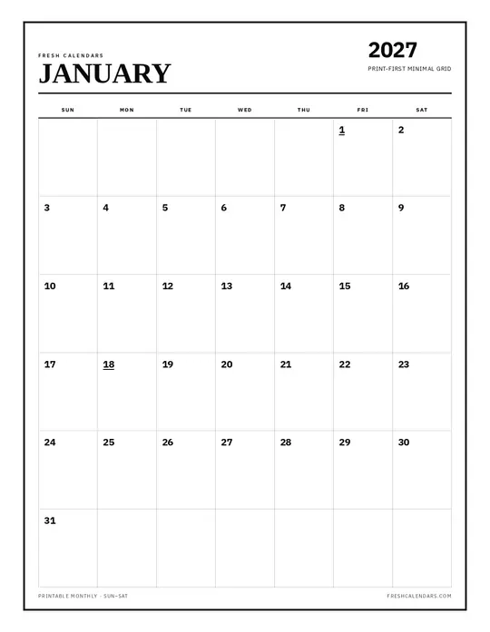 Printable January 2027 calendar — Fresh Calendars — Classic Black & White template Printable January 2027 calendar — Fresh Calendars — Classic Black & White template