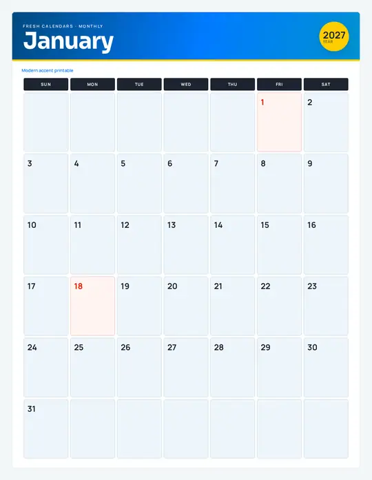 Printable January 2027 calendar — Fresh Calendars — Modern Color template Printable January 2027 calendar — Fresh Calendars — Modern Color template
