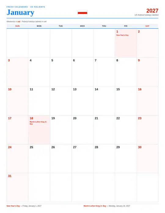 Printable January 2027 calendar — Fresh Calendars — US Holidays Marked template Printable January 2027 calendar — Fresh Calendars — US Holidays Marked template