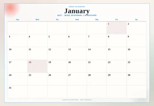 Printable January 2027 calendar — Fresh Calendars — Landscape Soft template Printable January 2027 calendar — Fresh Calendars — Landscape Soft template