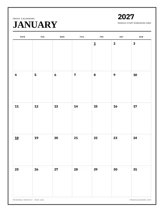 Printable January 2027 calendar — Fresh Calendars — Monday Start template Printable January 2027 calendar — Fresh Calendars — Monday Start template