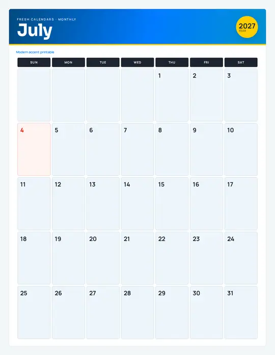 Printable July 2027 calendar — Fresh Calendars — Modern Color template
