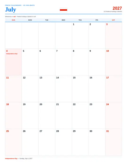 Printable July 2027 calendar — Fresh Calendars — US Holidays Marked template