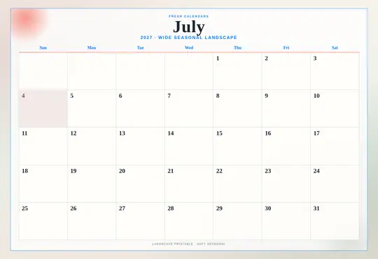 Printable July 2027 calendar — Fresh Calendars — Landscape Soft template