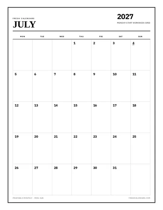 Printable July 2027 calendar — Fresh Calendars — Monday Start template