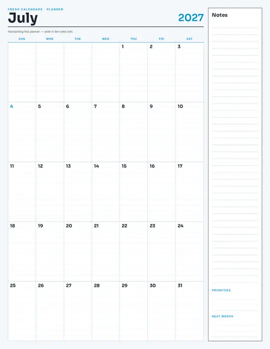 Printable July 2027 calendar — Fresh Calendars — Notes Planner template