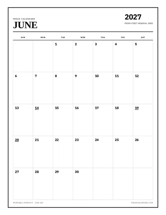 Printable June 2027 calendar — Fresh Calendars — Classic Black & White template